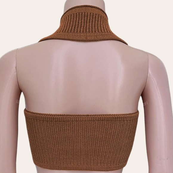 Womens|Knit Halter Crop Top|Brown|Medium M|Medium M|Stretch|Sleeveless - Picture 2 of 9